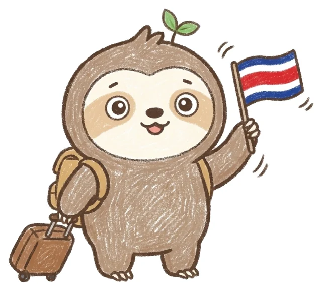 Namakemono, el perezoso de Tico en Japón, con su maleta y la bandera de Costa Rica